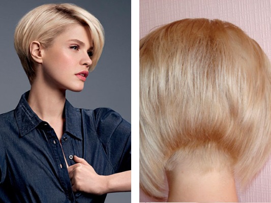 Bob bob pour cheveux courts avec allongement, sur une jambe, gradué. Convient pour, photo, vue avant et arrière