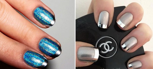 Français sur les ongles. Photo 2020, nouveautés: vernis gel blanc avec un motif, belle ombre, dégradé, géométrie shellac