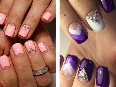 Gel de manucure avec strass. Tendances de la mode, photos avec bouillons, paillettes, frottements, français, le plus beau design