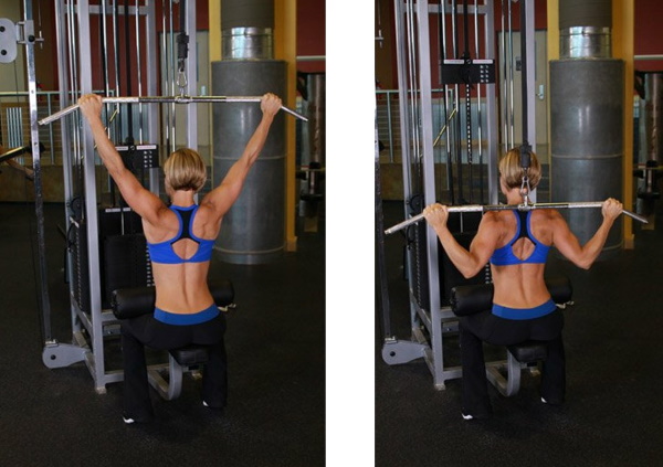 Exercice de traction verticale de la machine. Technique pour s'asseoir, sur le dos, derrière la tête, avec une prise étroite pour les femmes