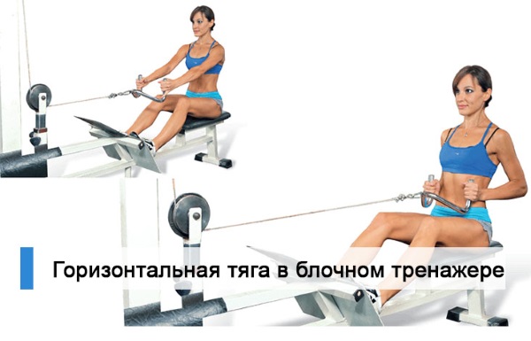 La traction du bloc horizontal vers la ceinture, la poitrine, le ventre, les épaules, le dos avec une prise étroite et large en position assise, debout. Techniques d'exécution